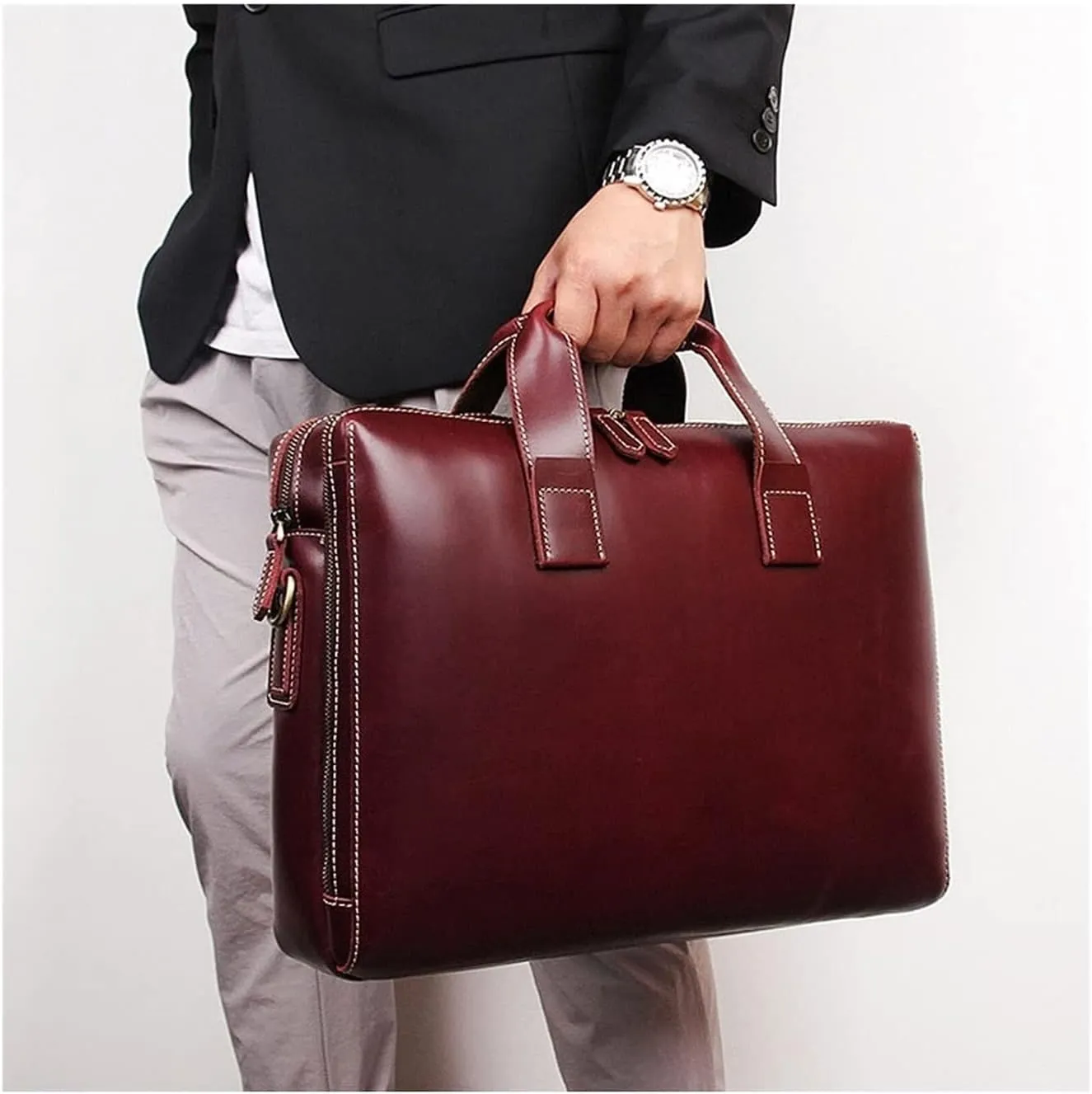 Laptop Bags, Mens Business Handbags Briefcases, Computers Bags, Genuine Leather Messenger Shoulder Bags (Color : Red)