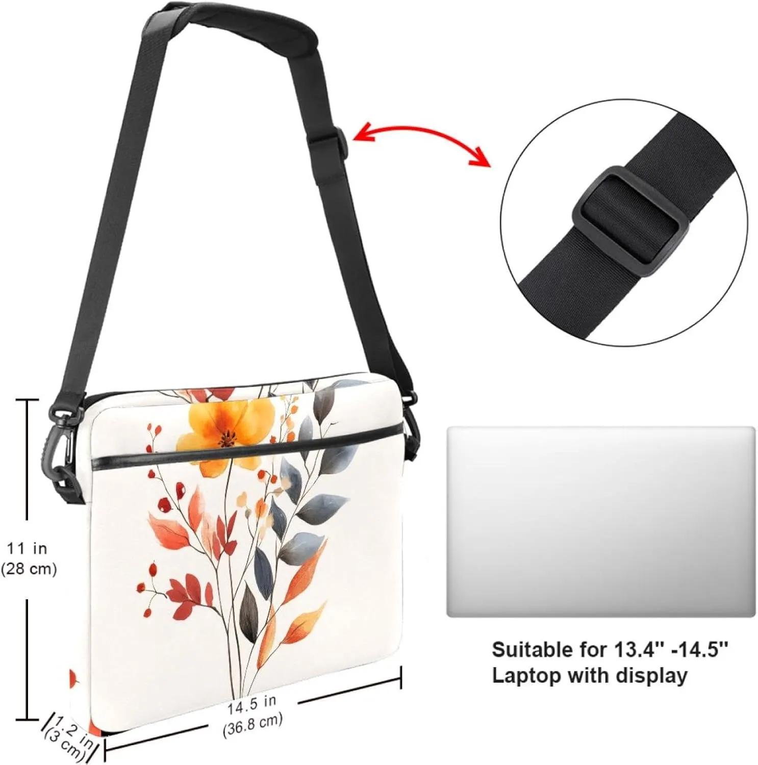Laptop Shoulder Bag Watercolor Autumn Small Flowers Minimal Style Padded Computer Briefcase for Adults, 13.4-14.5 Inch