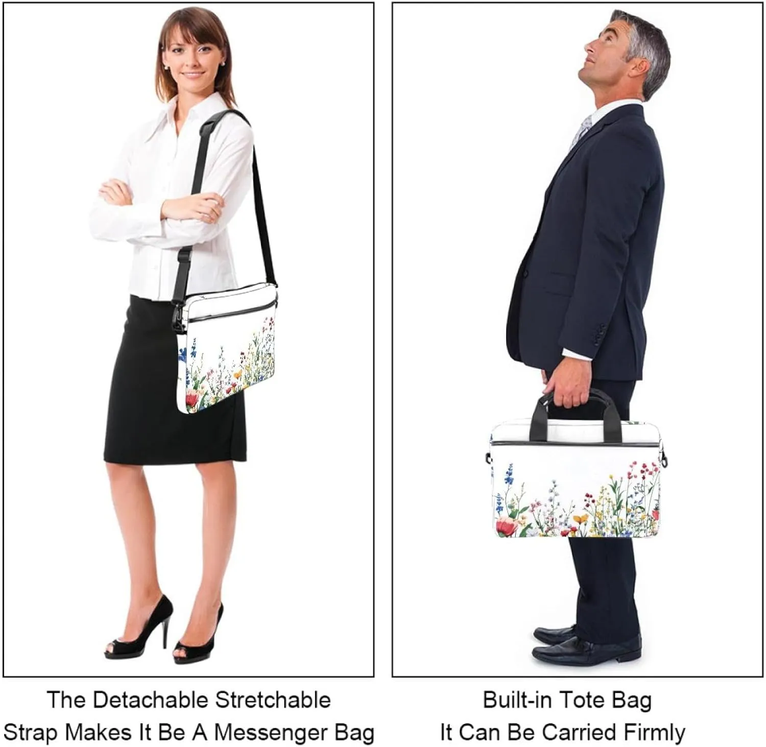Laptop Shoulder Bag Watercolor Autumn Small Flowers Minimal Style Padded Computer Briefcase for Adults, 13.4-14.5 Inch