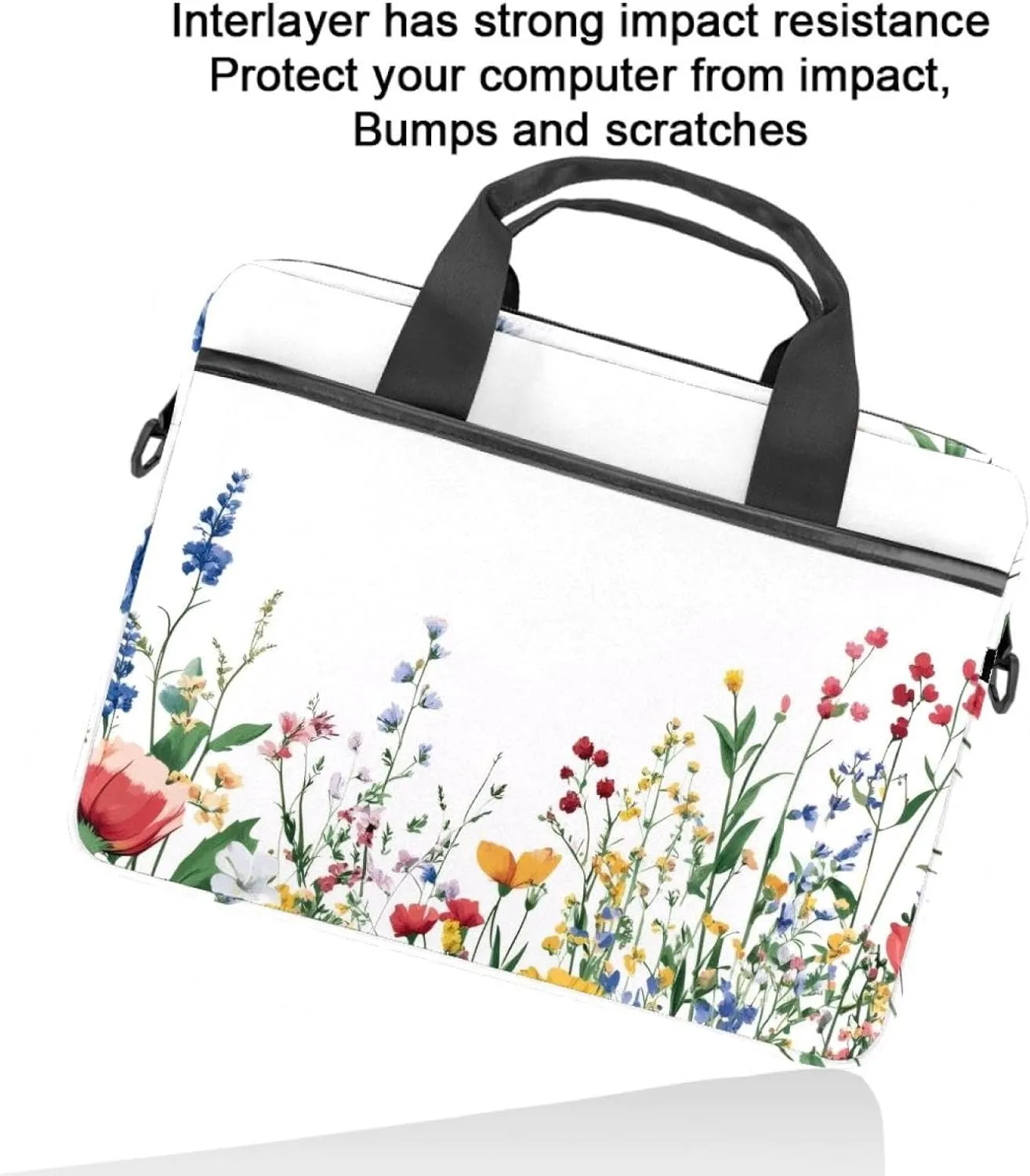 Laptop Shoulder Bag Watercolor Autumn Small Flowers Minimal Style Padded Computer Briefcase for Adults, 13.4-14.5 Inch