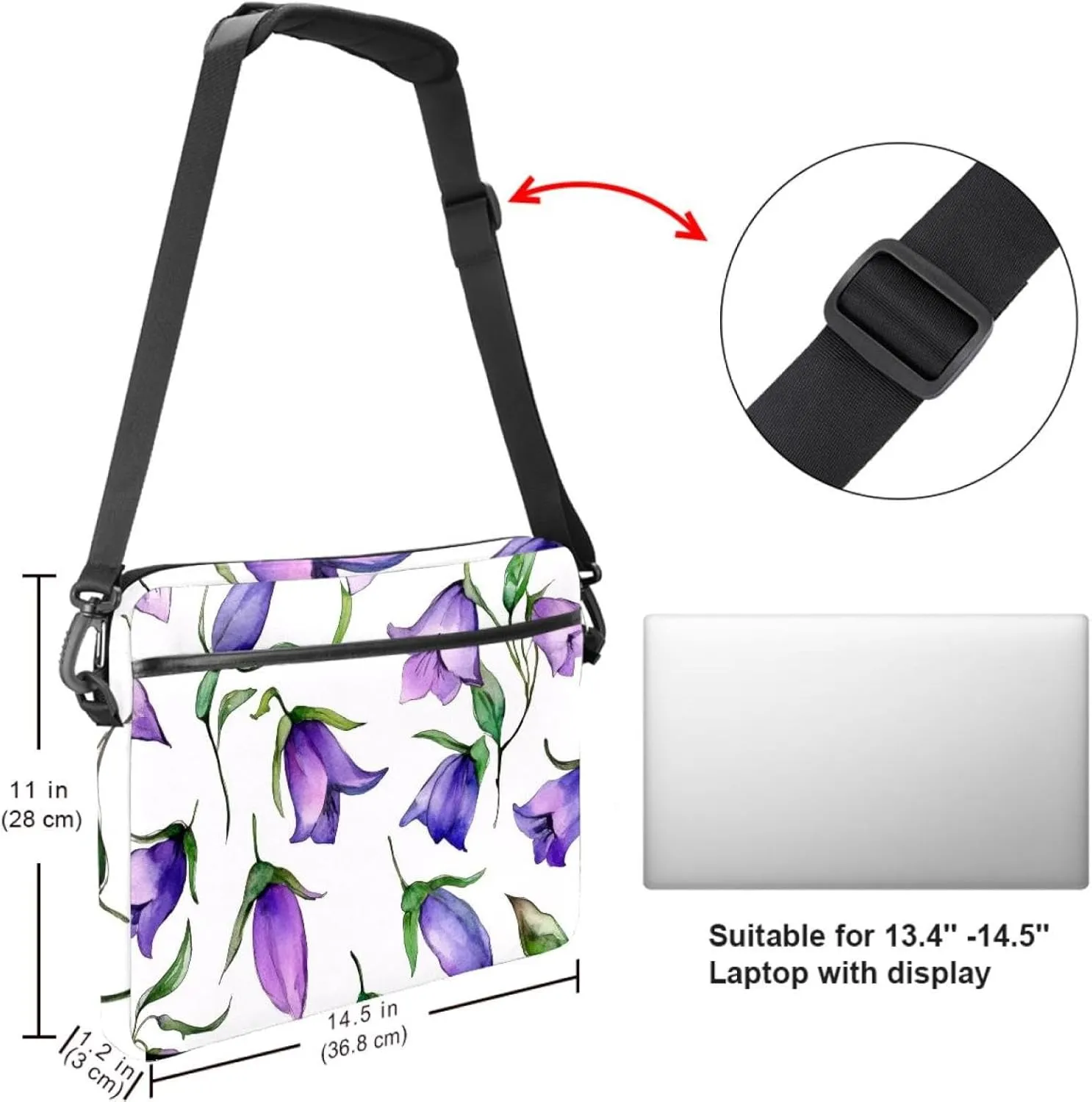 Laptop Shoulder Bag Watercolor Autumn Small Flowers Minimal Style Padded Computer Briefcase for Adults, 13.4-14.5 Inch