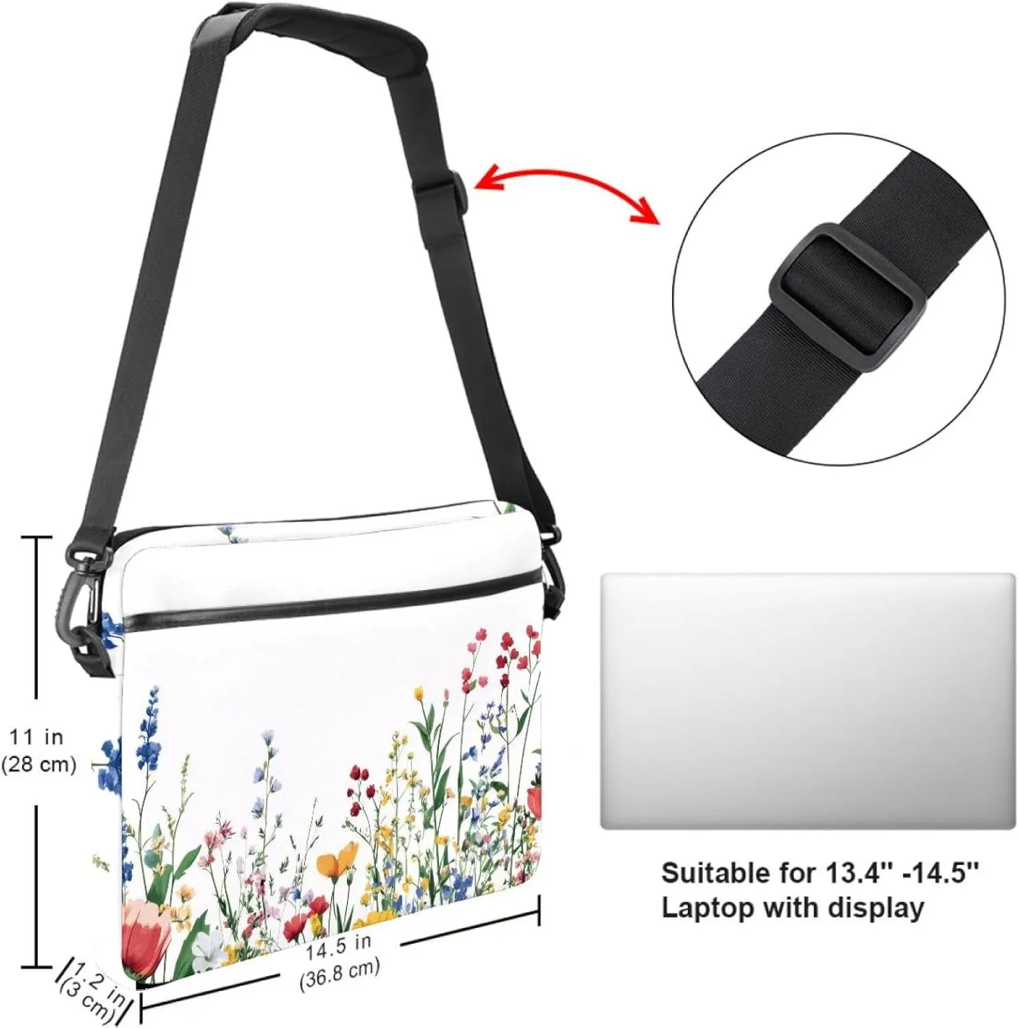 Laptop Shoulder Bag Watercolor Autumn Small Flowers Minimal Style Padded Computer Briefcase for Adults, 13.4-14.5 Inch