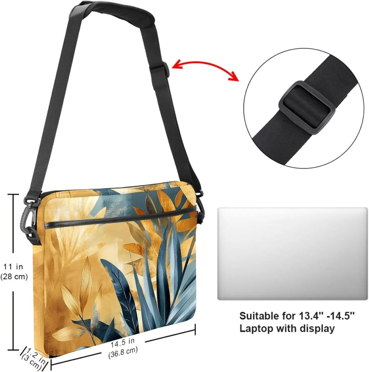 Laptop Shoulder Bag Watercolor Autumn Small Flowers Minimal Style Padded Computer Briefcase for Adults, 13.4-14.5 Inch