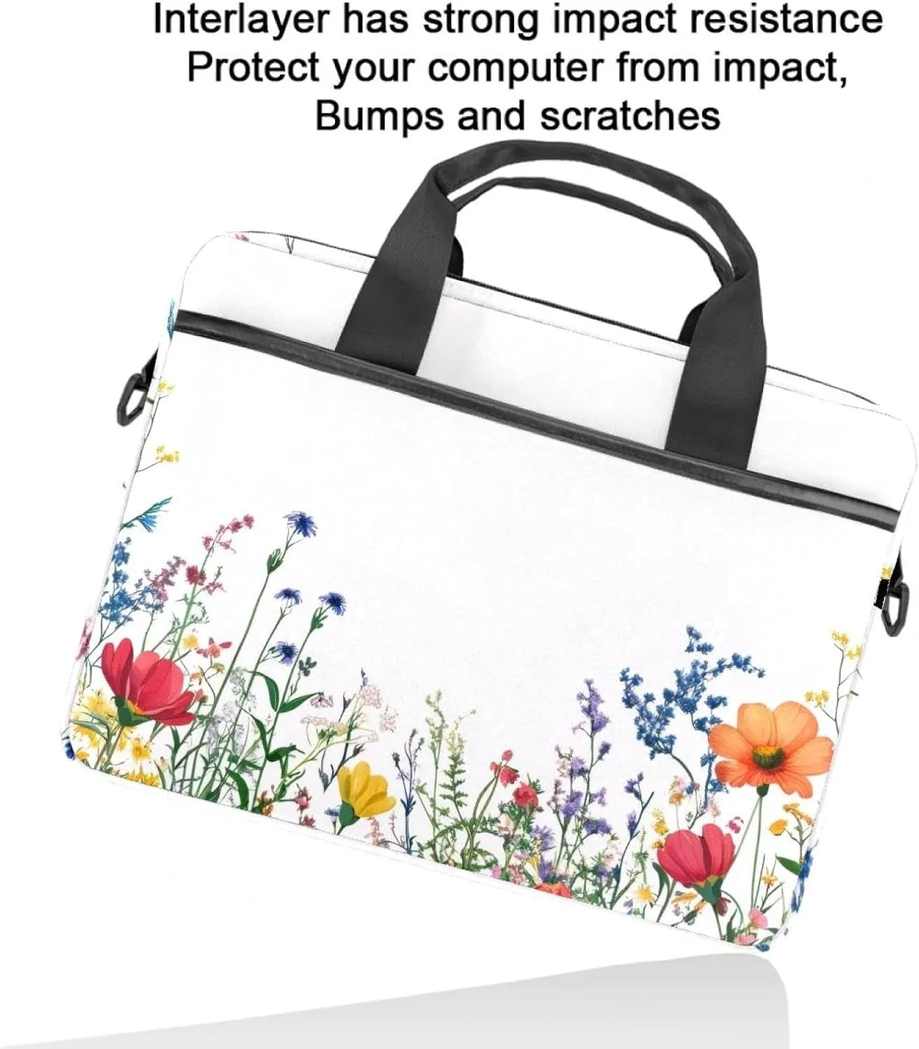 Laptop Shoulder Bag Watercolor Autumn Small Flowers Minimal Style Padded Computer Briefcase for Adults, 13.4-14.5 Inch
