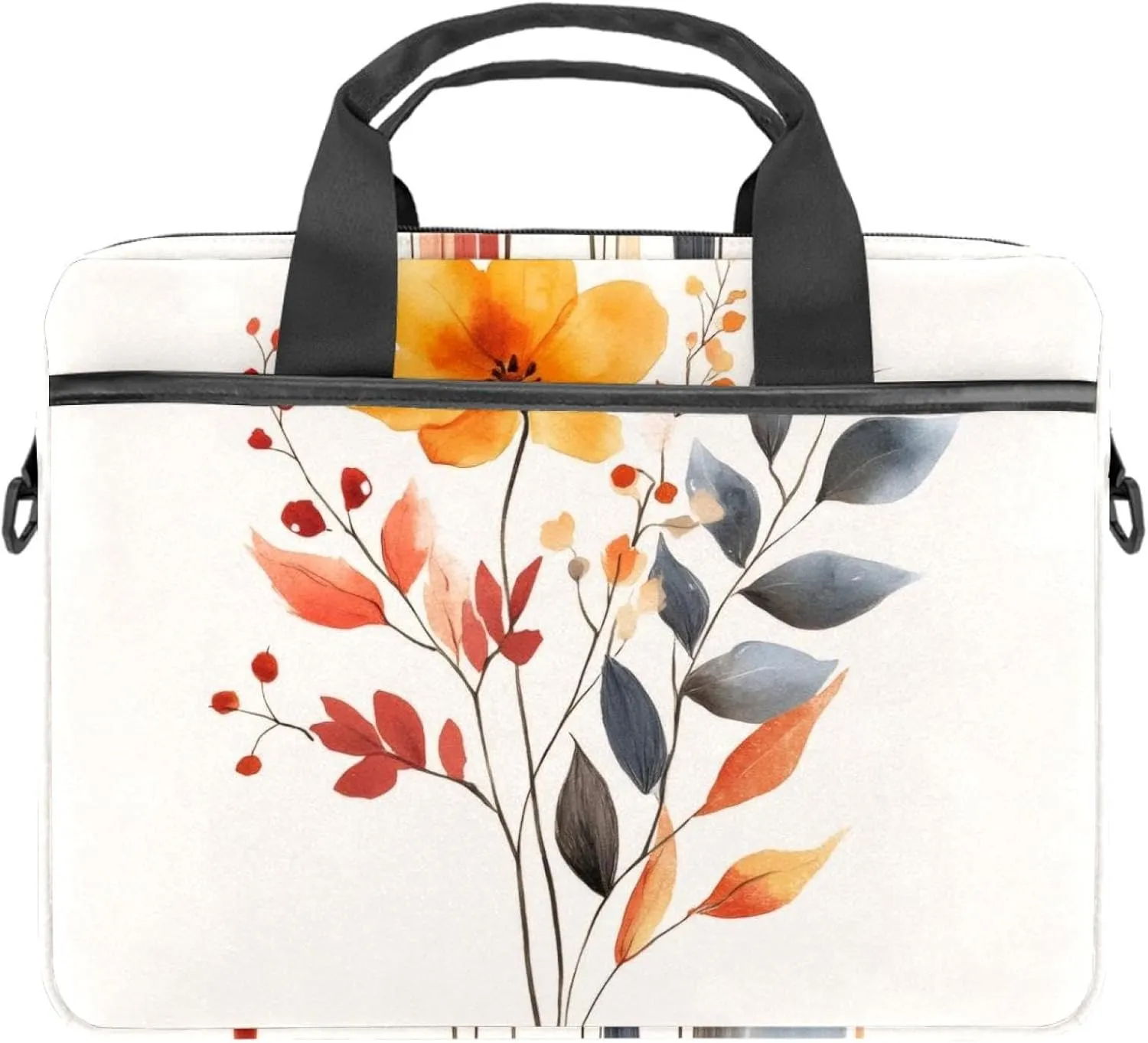 Laptop Shoulder Bag Watercolor Autumn Small Flowers Minimal Style Padded Computer Briefcase for Adults, 13.4-14.5 Inch