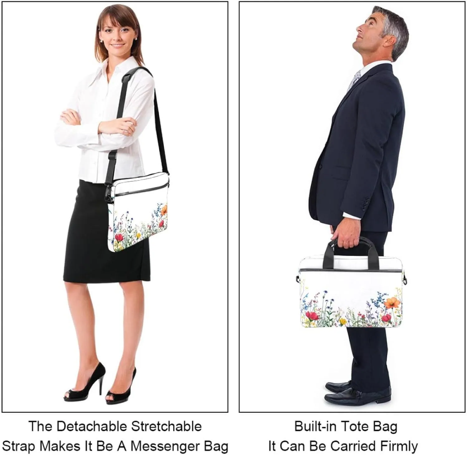 Laptop Shoulder Bag Watercolor Autumn Small Flowers Minimal Style Padded Computer Briefcase for Adults, 13.4-14.5 Inch
