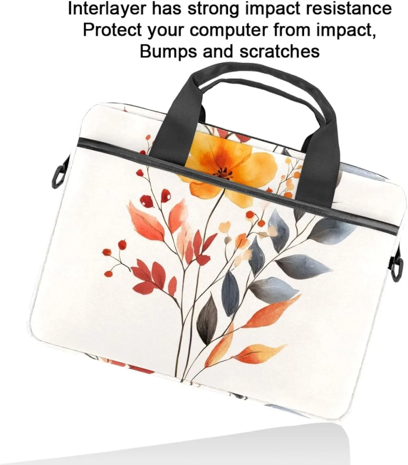 Laptop Shoulder Bag Watercolor Autumn Small Flowers Minimal Style Padded Computer Briefcase for Adults, 13.4-14.5 Inch