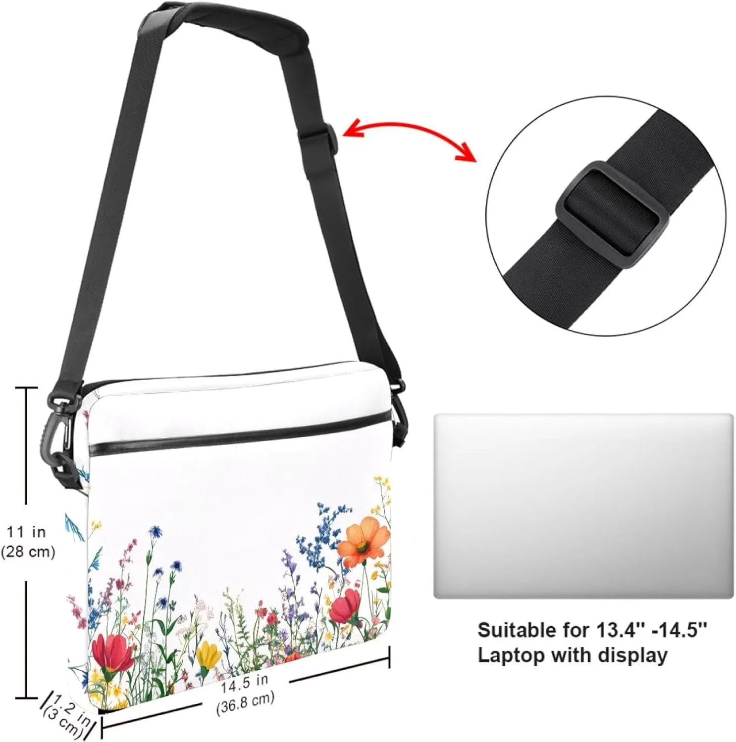 Laptop Shoulder Bag Watercolor Autumn Small Flowers Minimal Style Padded Computer Briefcase for Adults, 13.4-14.5 Inch