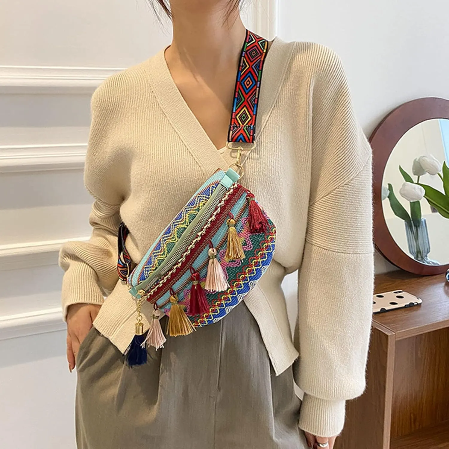 Laptop Shoulder Bag Women's New Ethnic Tassel Pendant Fashion Shoulder Bags Chest Bag Handbags for (Blue, One Size)