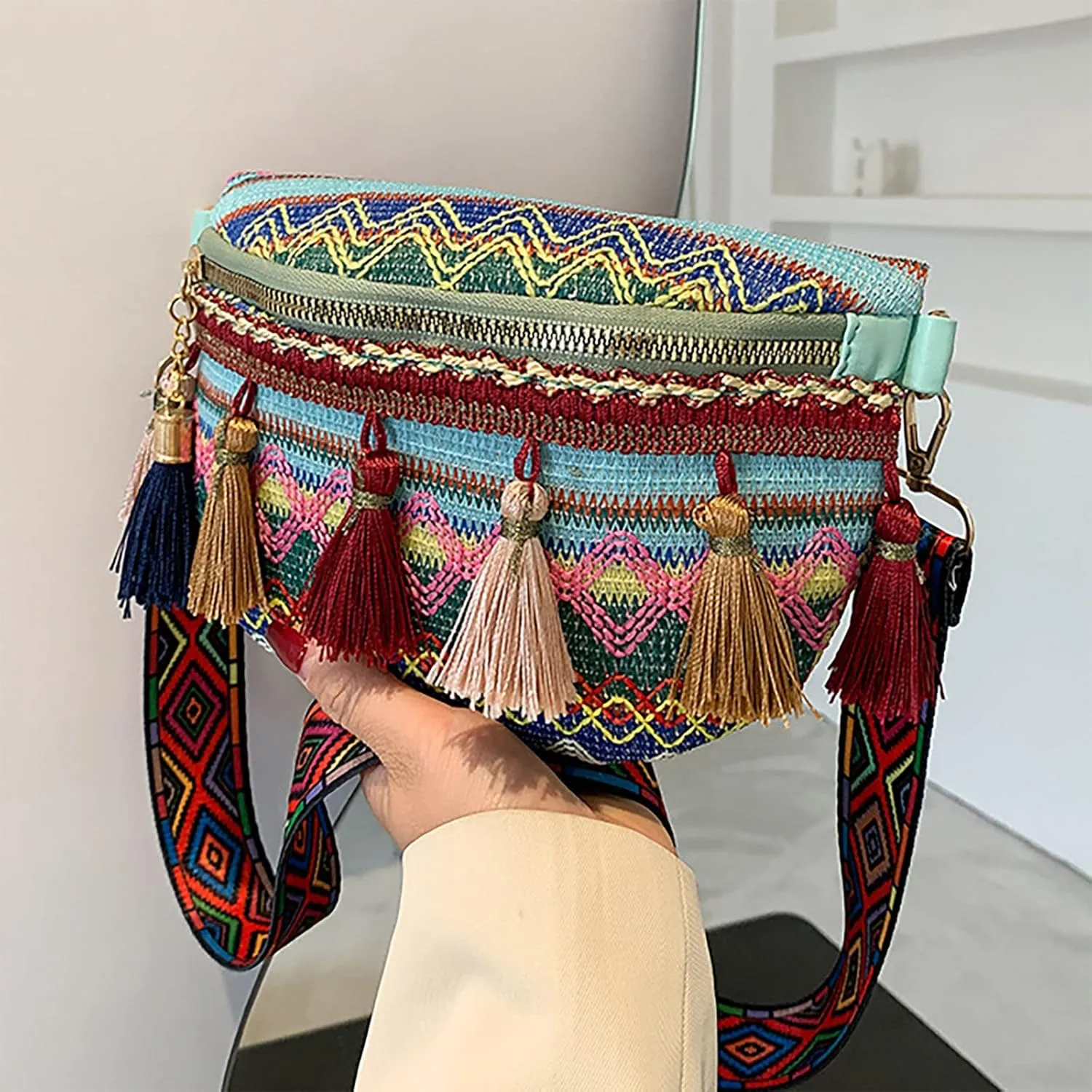 Laptop Shoulder Bag Women's New Ethnic Tassel Pendant Fashion Shoulder Bags Chest Bag Handbags for (Blue, One Size)