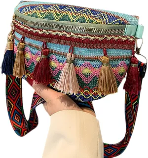 Laptop Shoulder Bag Women's New Ethnic Tassel Pendant Fashion Shoulder Bags Chest Bag Handbags for (Blue, One Size)