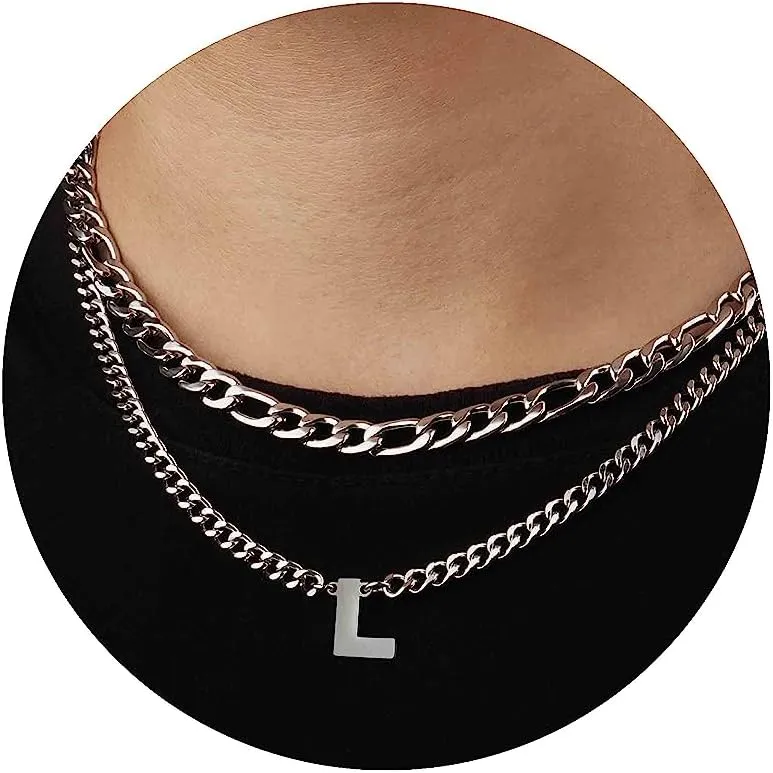 Layered Initial Necklace for Men Stainless Steel Letter Pendant Necklace Silver Chain Necklaces Jewelry Gift