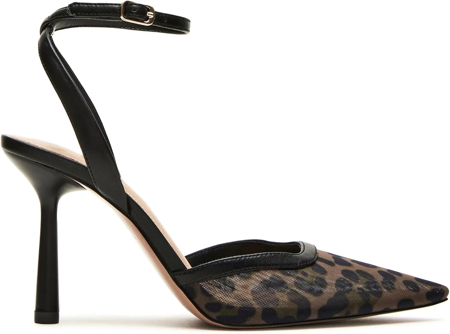 Leopard Mesh Closed Toe Ankle Strap Heels Pointed Toe High Heels for Women Stiletto Party Wedding Dress Shoes