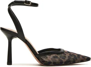 Leopard Mesh Closed Toe Ankle Strap Heels Pointed Toe High Heels for Women Stiletto Party Wedding Dress Shoes