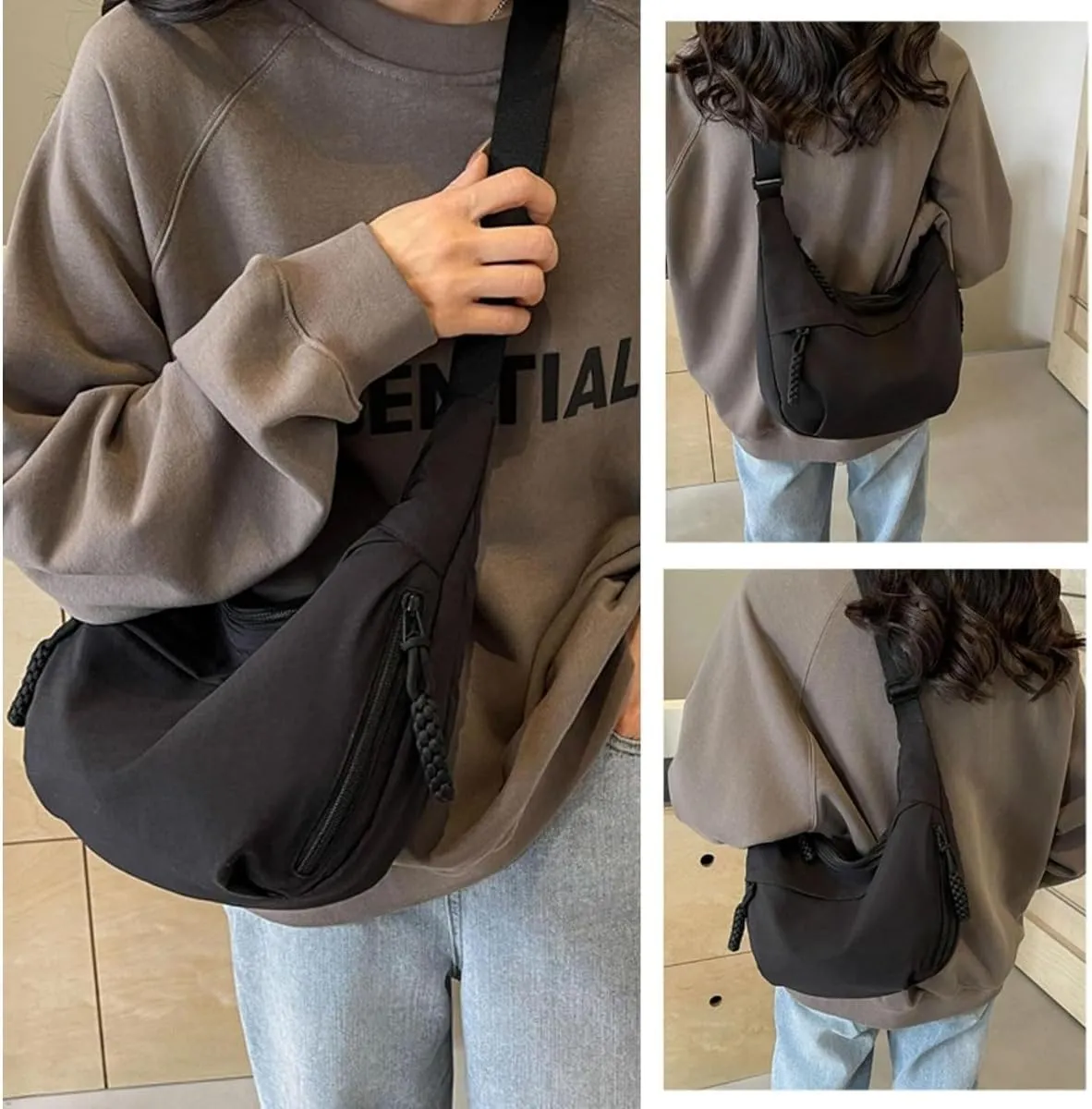 Limorence Crossbody Bag, Women's Fashion Plain Color Nylon Crossbody Hobo Bag, Multi-pocket Crescent Bag