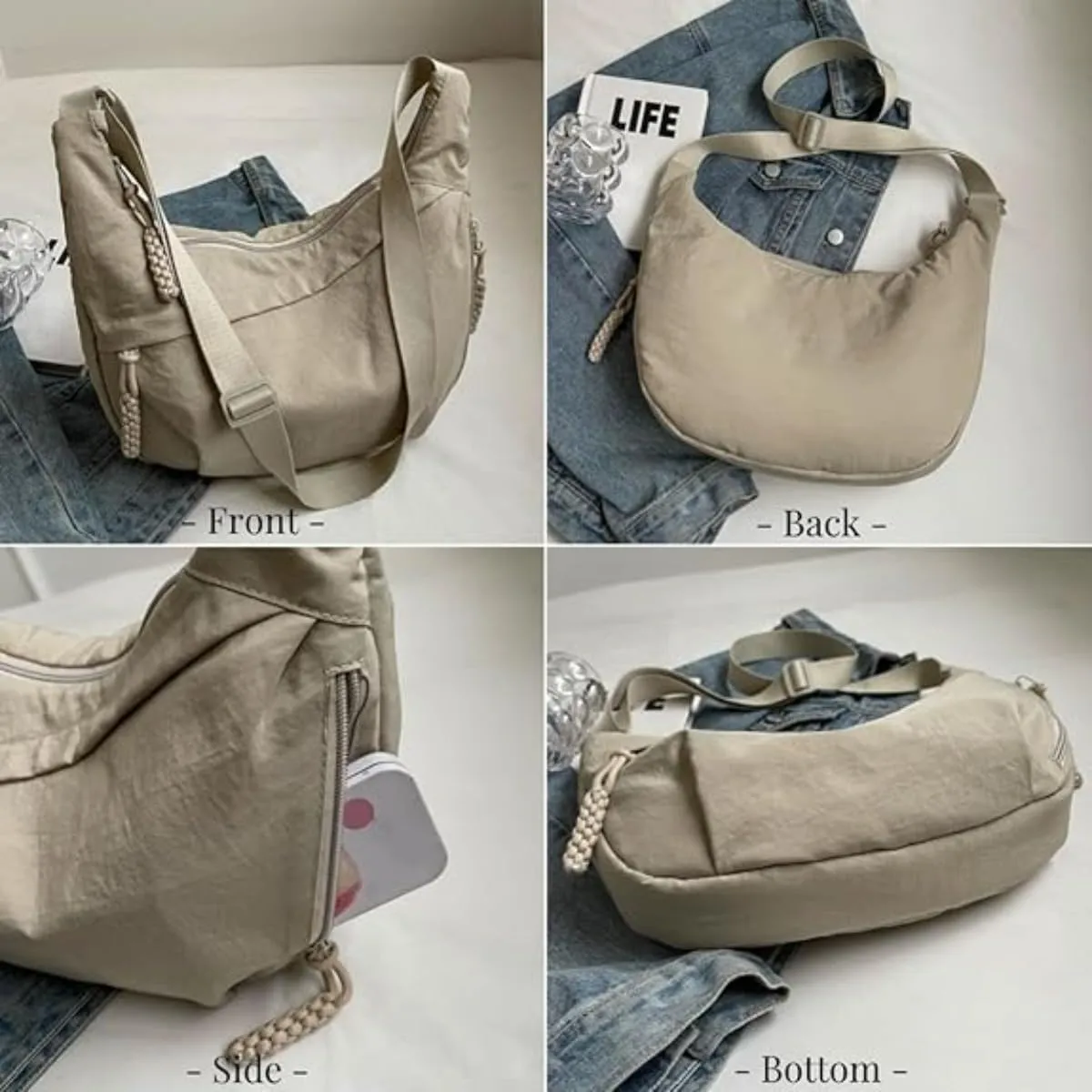 Limorence Crossbody Bag, Women's Fashion Plain Color Nylon Crossbody Hobo Bag, Multi-pocket Crescent Bag