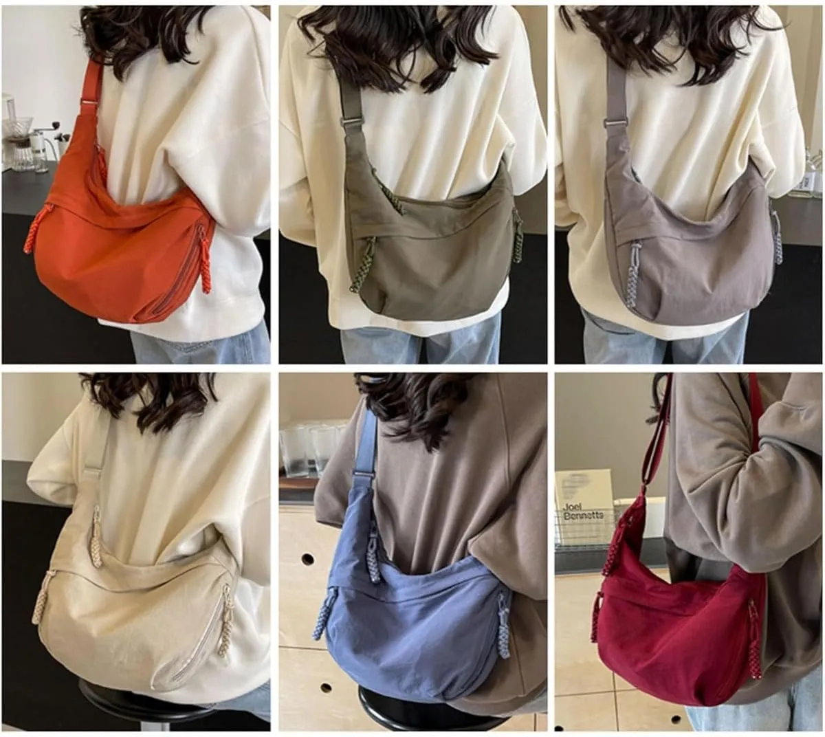 Limorence Crossbody Bag, Women's Fashion Plain Color Nylon Crossbody Hobo Bag, Multi-pocket Crescent Bag