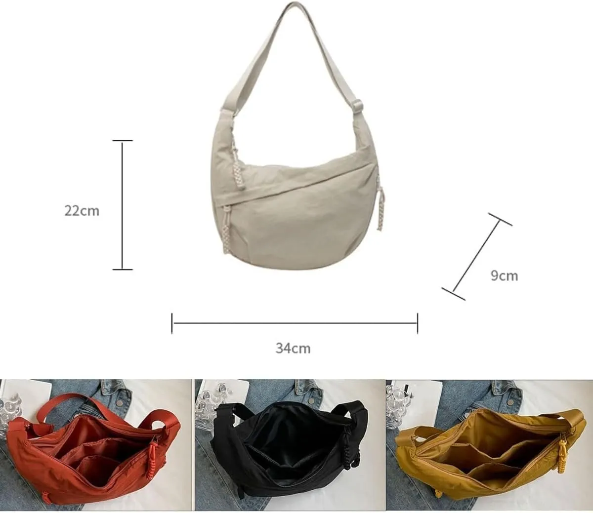 Limorence Crossbody Bag, Women's Fashion Plain Color Nylon Crossbody Hobo Bag, Multi-pocket Crescent Bag