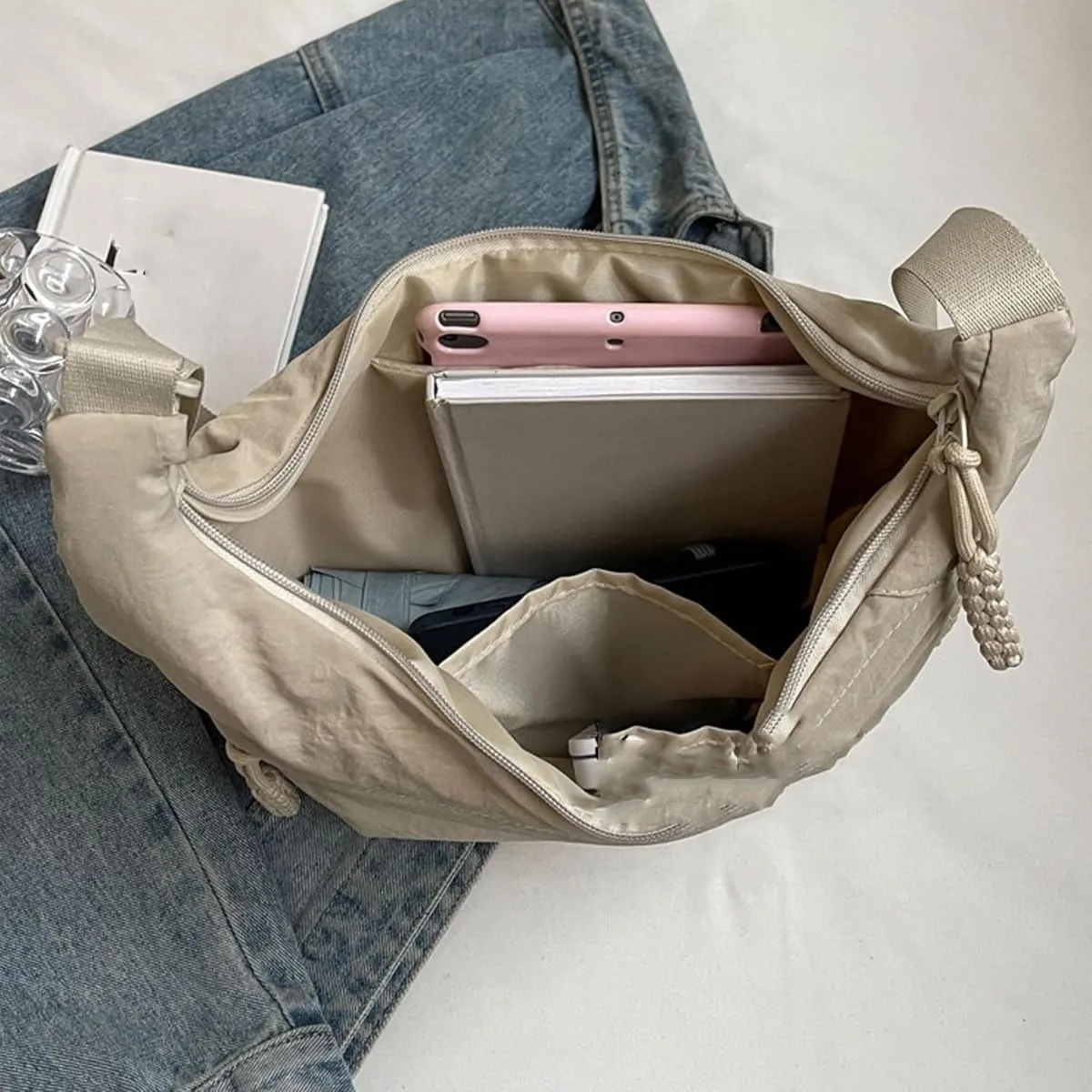 Limorence Crossbody Bag, Women's Fashion Plain Color Nylon Crossbody Hobo Bag, Multi-pocket Crescent Bag