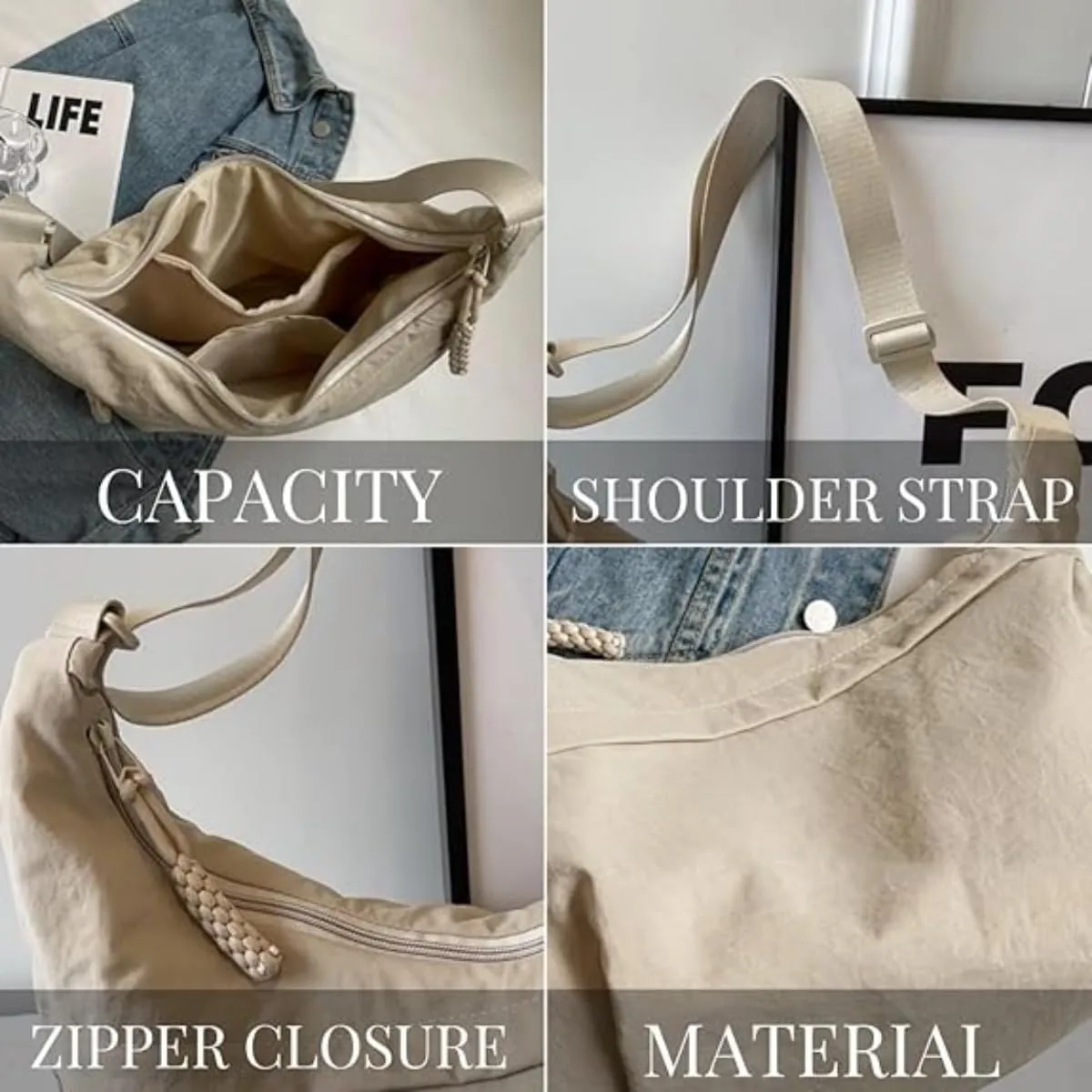 Limorence Crossbody Bag, Women's Fashion Plain Color Nylon Crossbody Hobo Bag, Multi-pocket Crescent Bag