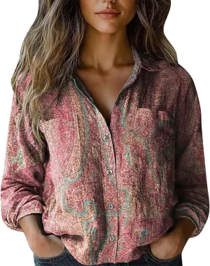 Linen Button Down Shirts for Women Long Sleeve Collared Ethic Floral Print Boho Blouses Retro Gauze Summer Tops