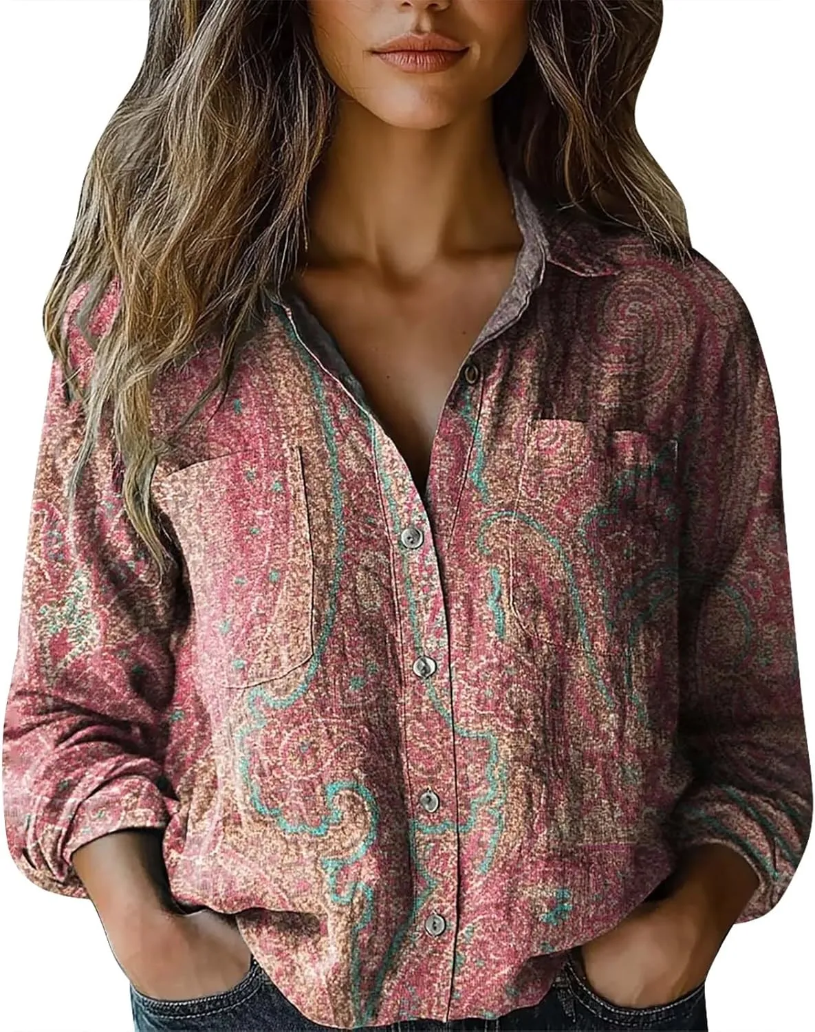 Linen Button Down Shirts for Women Long Sleeve Collared Ethic Floral Print Boho Blouses Retro Gauze Summer Tops