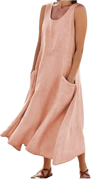 Linen Dresses for Women 2025 Summer Casual Sleeveless Elegant Loose Dresses Plus Size Long Dress with Pockets