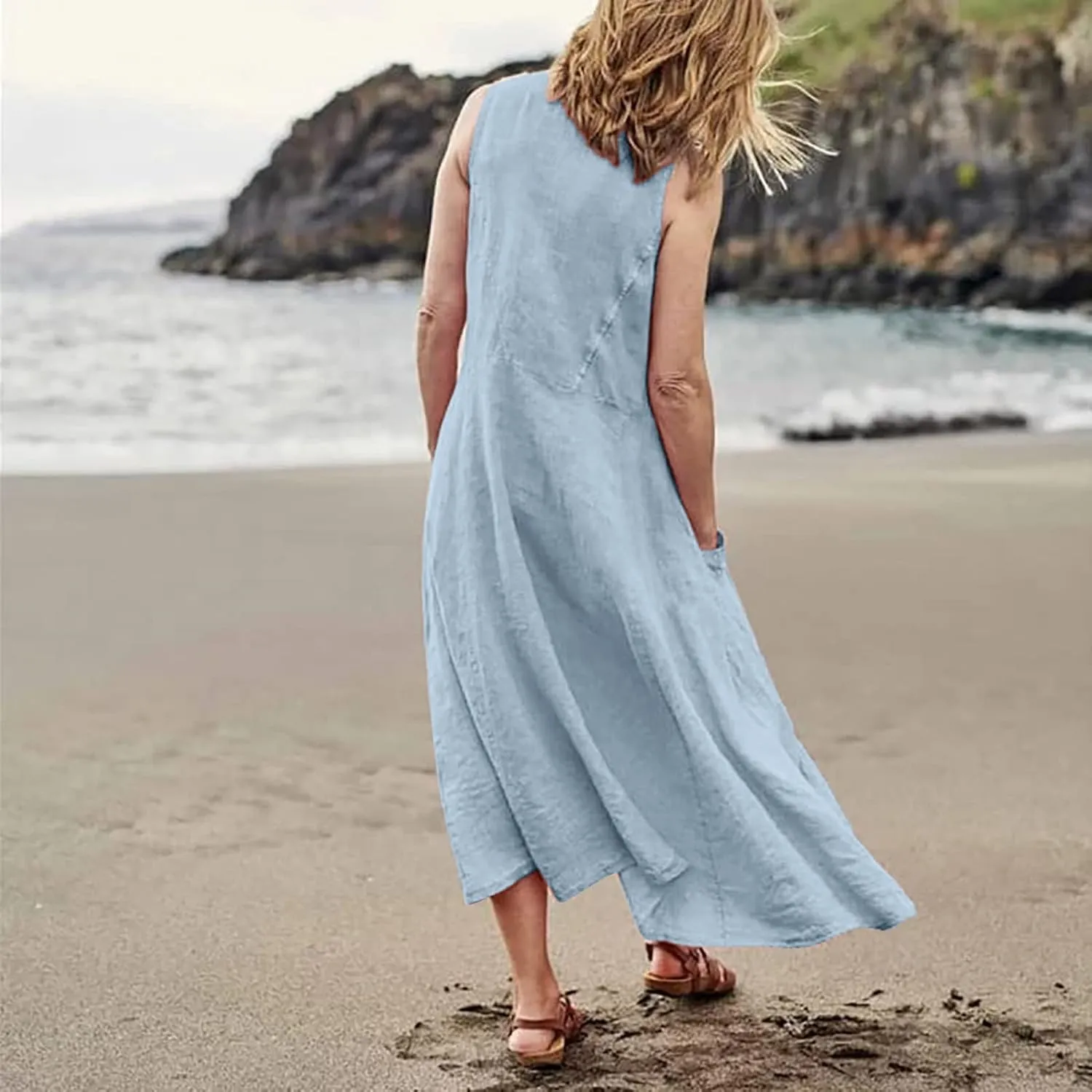 Linen Dresses for Women 2025 Summer Casual Sleeveless Elegant Loose Dresses Plus Size Long Dress with Pockets