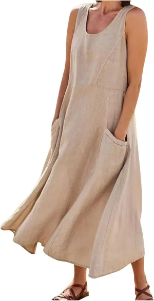 Linen Dresses for Women 2025 Summer Casual Sleeveless Elegant Loose Dresses Plus Size Long Dress with Pockets