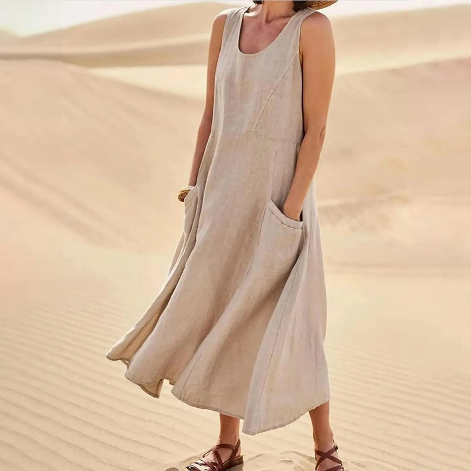 Linen Dresses for Women 2025 Summer Casual Sleeveless Elegant Loose Dresses Plus Size Long Dress with Pockets