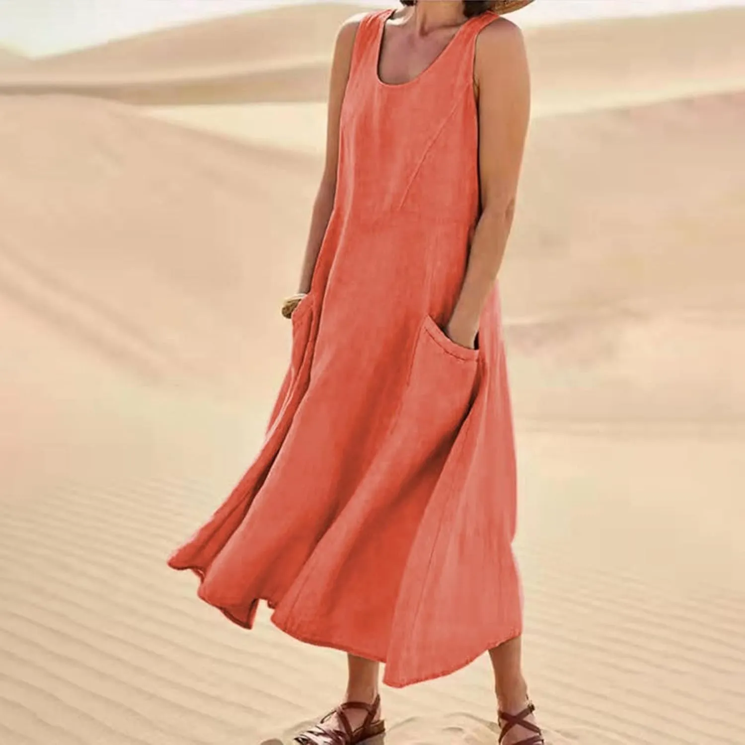Linen Dresses for Women 2025 Summer Casual Sleeveless Elegant Loose Dresses Plus Size Long Dress with Pockets
