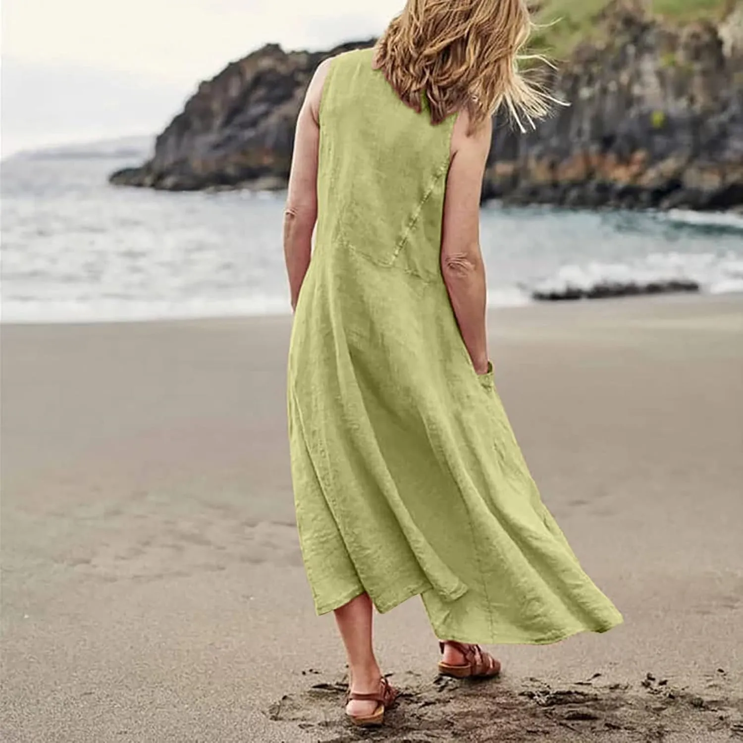 Linen Dresses for Women 2025 Summer Casual Sleeveless Elegant Loose Dresses Plus Size Long Dress with Pockets
