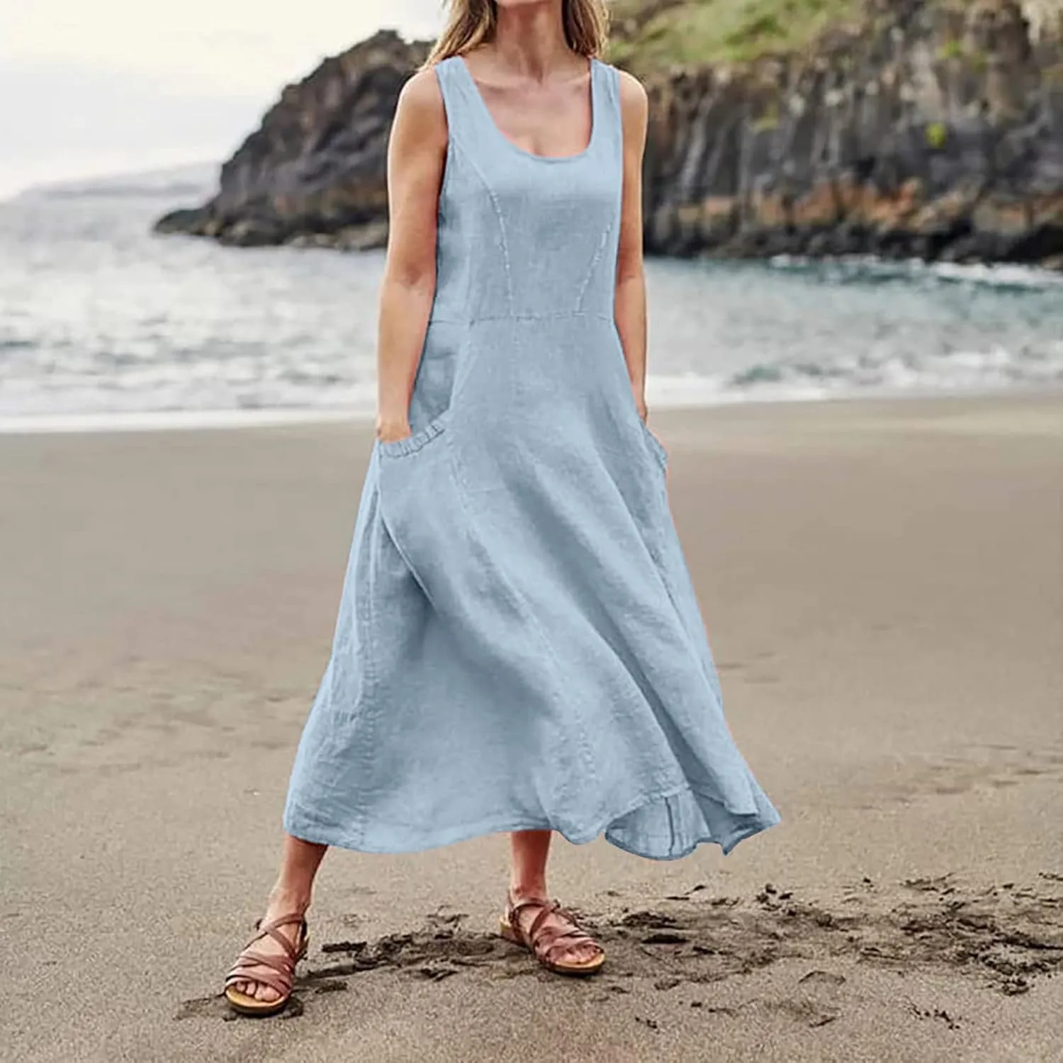 Linen Dresses for Women 2025 Summer Casual Sleeveless Elegant Loose Dresses Plus Size Long Dress with Pockets