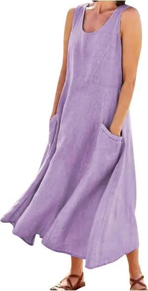 Linen Dresses for Women 2025 Summer Casual Sleeveless Elegant Loose Dresses Plus Size Long Dress with Pockets