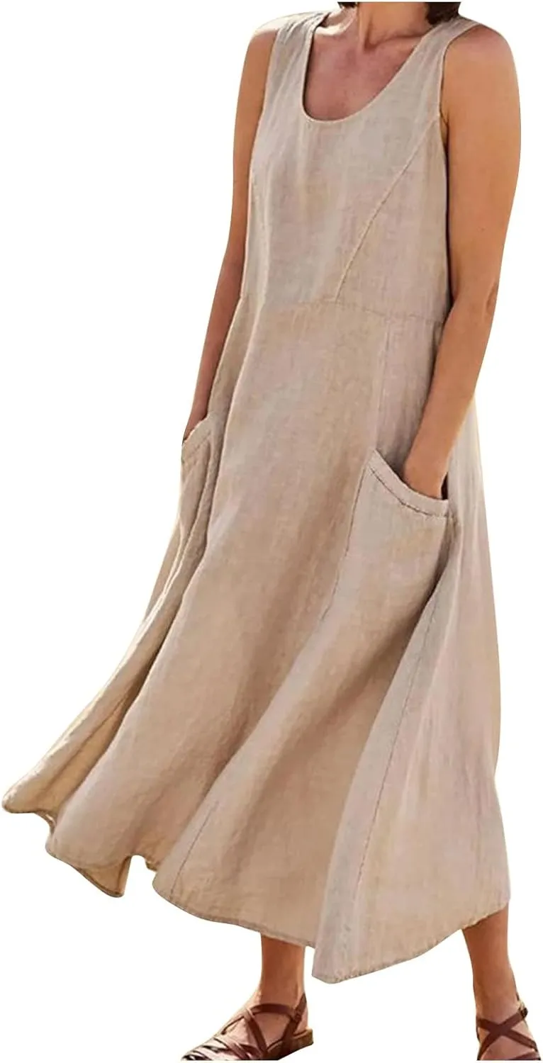 Linen Dresses for Women 2025 Summer Casual Sleeveless Elegant Loose Dresses Plus Size Long Dress with Pockets