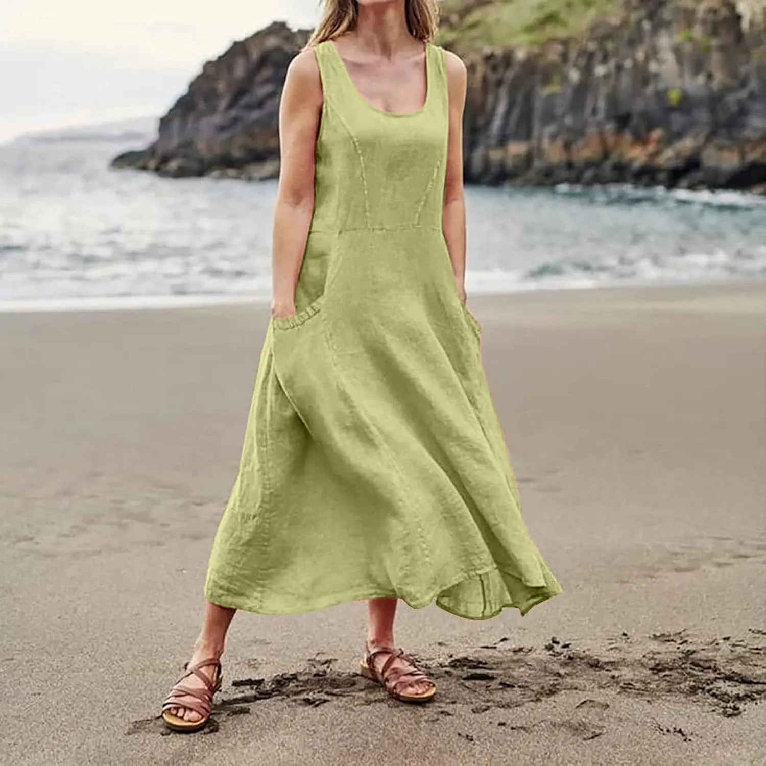Linen Dresses for Women 2025 Summer Casual Sleeveless Elegant Loose Dresses Plus Size Long Dress with Pockets