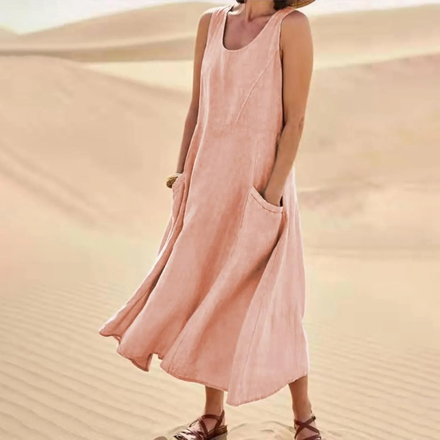 Linen Dresses for Women 2025 Summer Casual Sleeveless Elegant Loose Dresses Plus Size Long Dress with Pockets