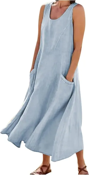 Linen Dresses for Women 2025 Summer Casual Sleeveless Elegant Loose Dresses Plus Size Long Dress with Pockets