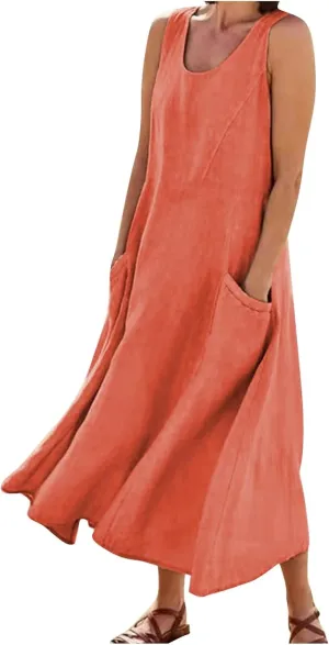 Linen Dresses for Women 2025 Summer Casual Sleeveless Elegant Loose Dresses Plus Size Long Dress with Pockets