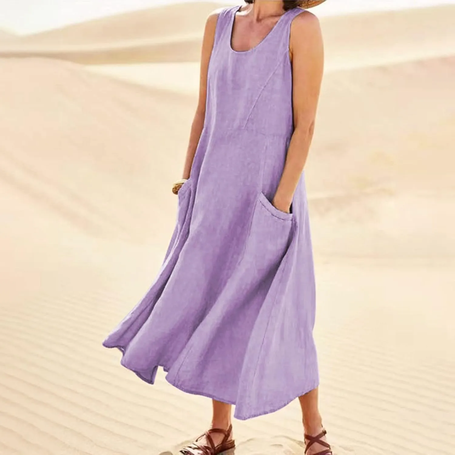 Linen Dresses for Women 2025 Summer Casual Sleeveless Elegant Loose Dresses Plus Size Long Dress with Pockets
