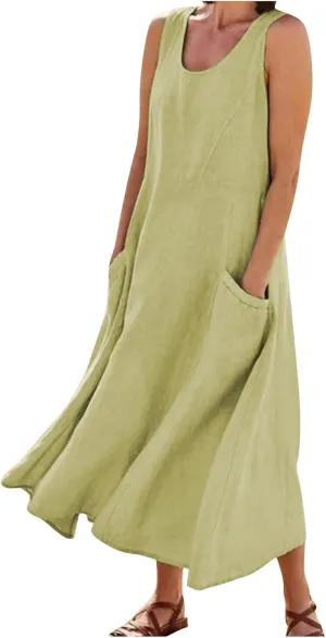 Linen Dresses for Women 2025 Summer Casual Sleeveless Elegant Loose Dresses Plus Size Long Dress with Pockets
