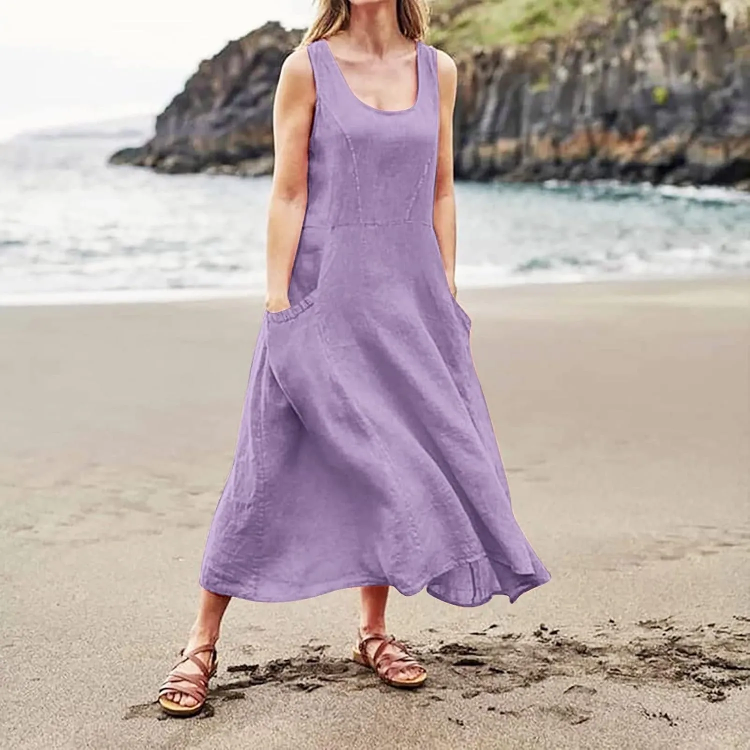 Linen Dresses for Women 2025 Summer Casual Sleeveless Elegant Loose Dresses Plus Size Long Dress with Pockets
