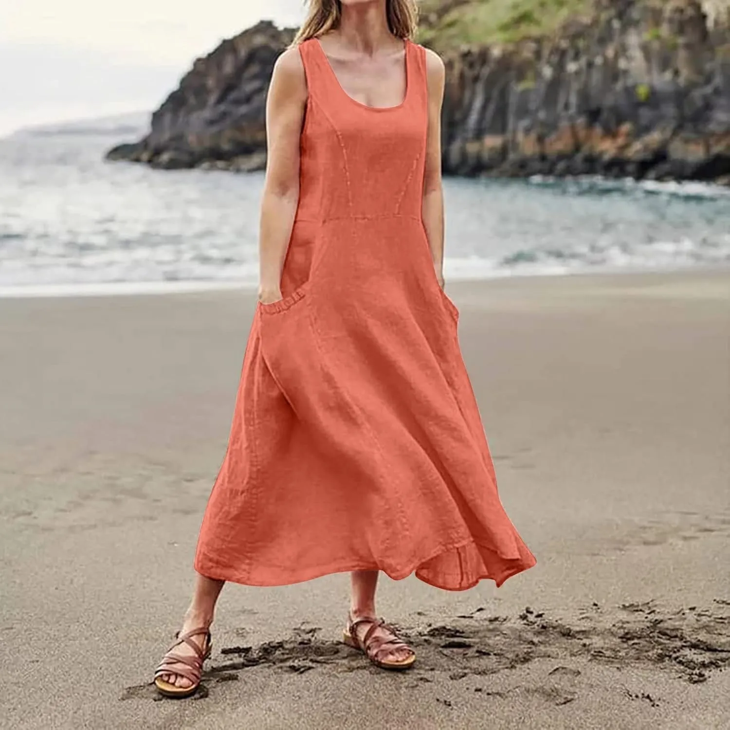 Linen Dresses for Women 2025 Summer Casual Sleeveless Elegant Loose Dresses Plus Size Long Dress with Pockets