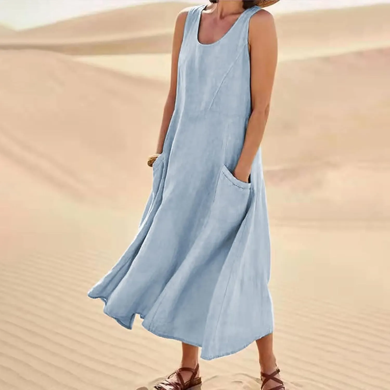 Linen Dresses for Women 2025 Summer Casual Sleeveless Elegant Loose Dresses Plus Size Long Dress with Pockets
