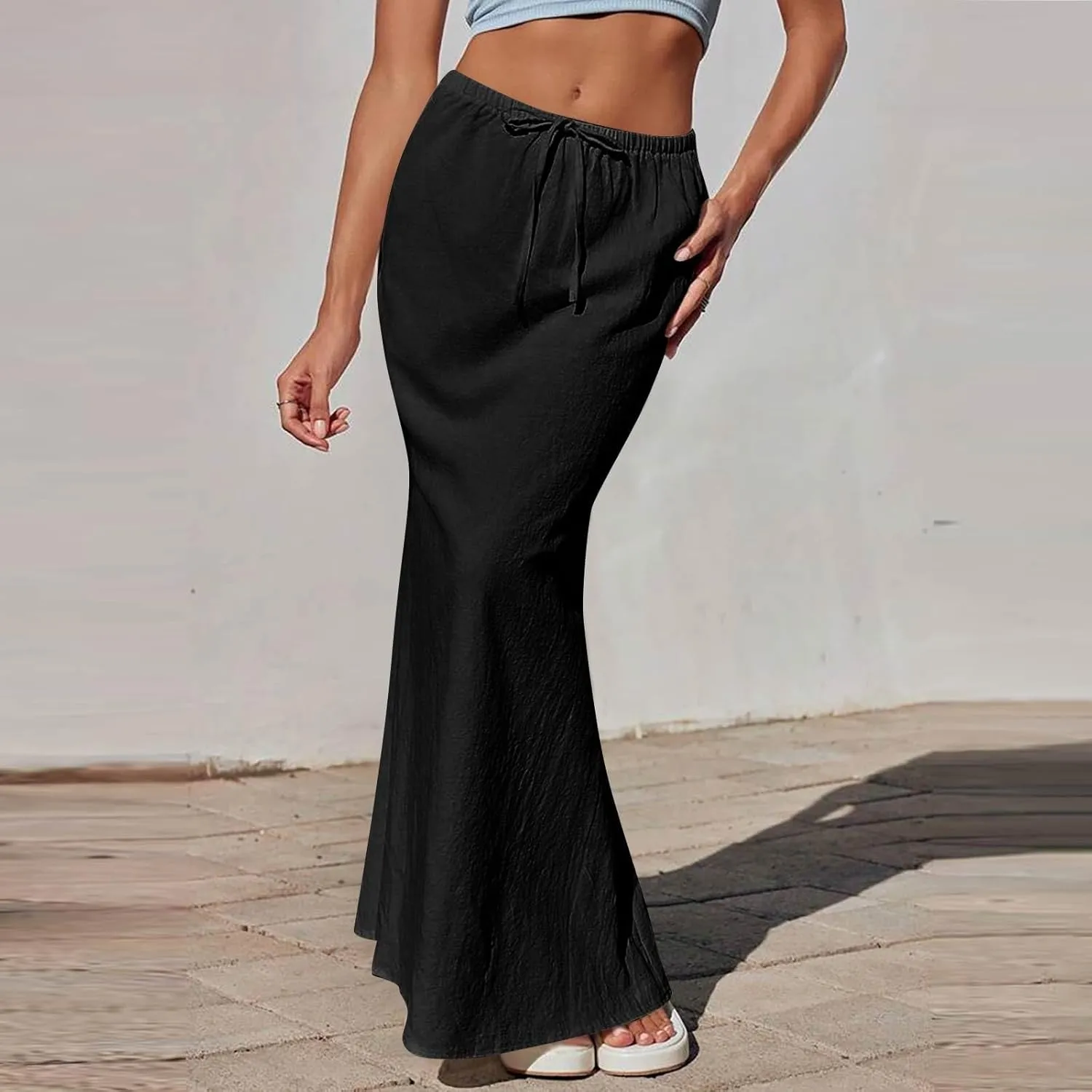 Linen Maxi Skirts for Women 2025 Boho Summer Skirt Casual Drawstring Elastic Waist A Line Long Flowy Fishtail Skirt