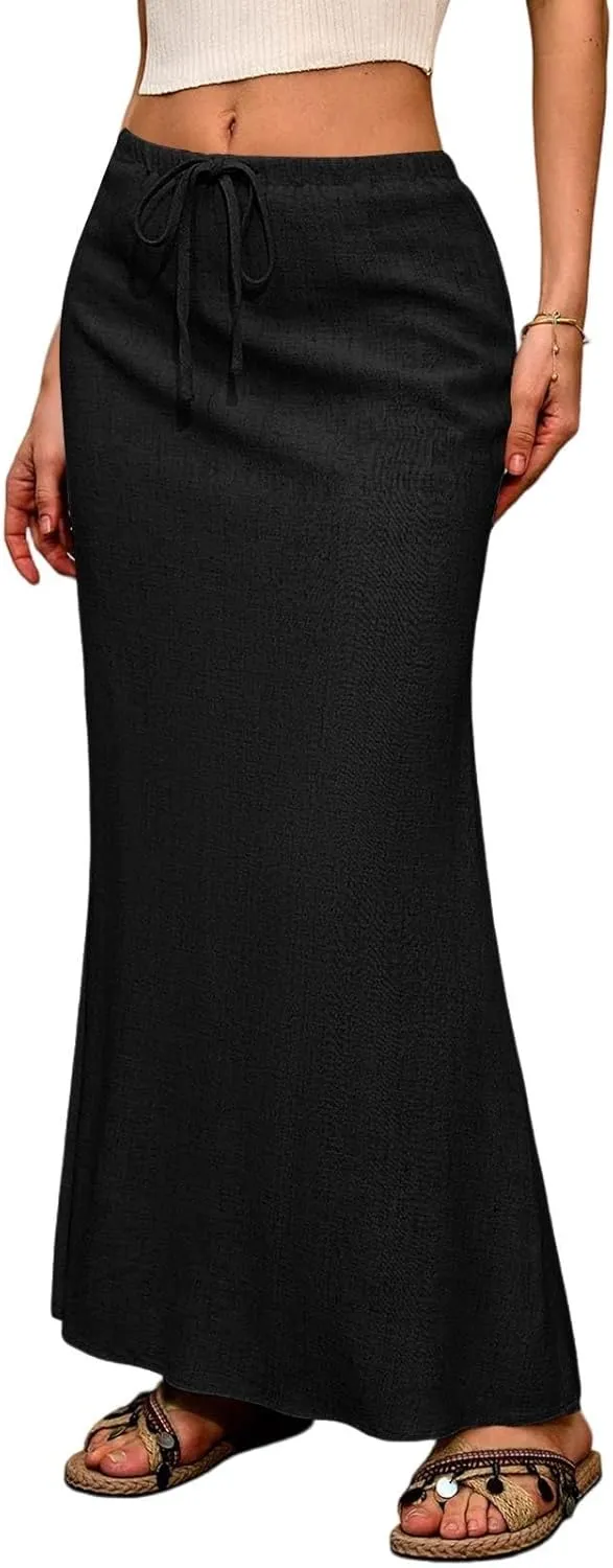 Linen Maxi Skirts for Women 2025 Boho Summer Skirt Casual Drawstring Elastic Waist A Line Long Flowy Fishtail Skirt
