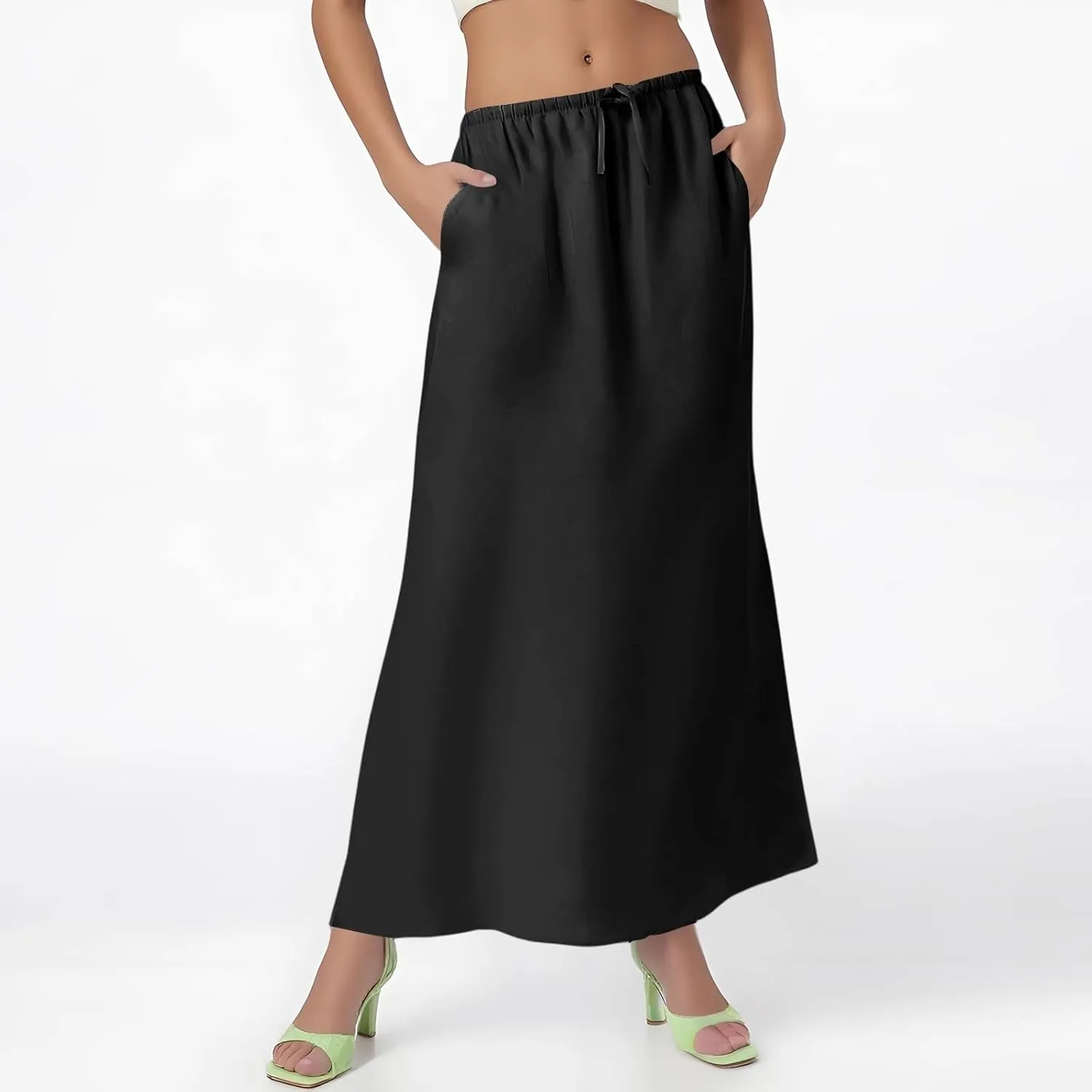 Linen Maxi Skirts for Women 2025 Boho Summer Skirt Casual Drawstring Elastic Waist A Line Long Flowy Fishtail Skirt