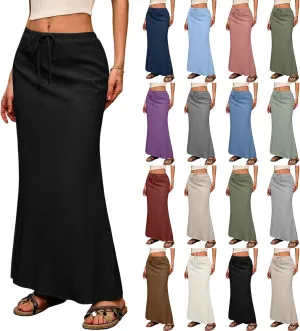 Linen Maxi Skirts for Women 2025 Boho Summer Skirt Casual Drawstring Elastic Waist A Line Long Flowy Fishtail Skirt