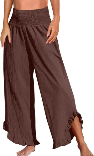 Linen Pants for Women baggysummer high Waisted Ruffle Hem Pants Trendy Elastic Wide Leg Solid Pocket Trousers Fashion