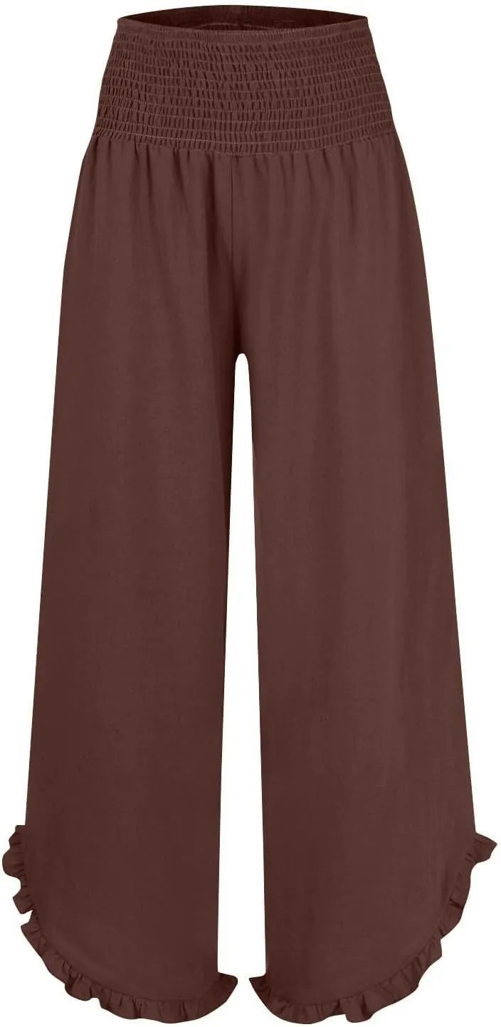 Linen Pants for Women baggysummer high Waisted Ruffle Hem Pants Trendy Elastic Wide Leg Solid Pocket Trousers Fashion
